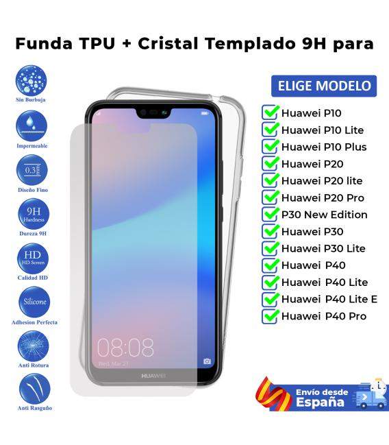 Funda y protector para Huawei P10 P20 P30 Plus pro New Edition. Cristal templado de pantalla y carcasa transparente para movil
