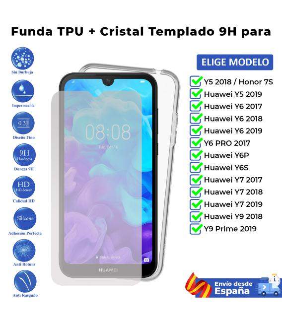 Funda y protector para Huawei Y5 Y6 Y6P Y6S Y7 Y9 2017 2018 2019 Pro Prime. Cristal templado de pantalla y carcasa transparente