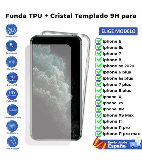 Funda y protector para Iphone 6 6S 7 SE 2020 8 XS XR 11 plus pro max. Cristal templado de pantalla y carcasa transparente movil