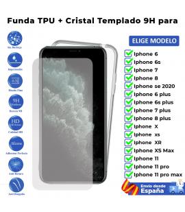 Funda y protector para Iphone 6 6S 7 SE 2020 8 XS XR 11 plus pro max. Cristal templado de pantalla y carcasa transparente movil