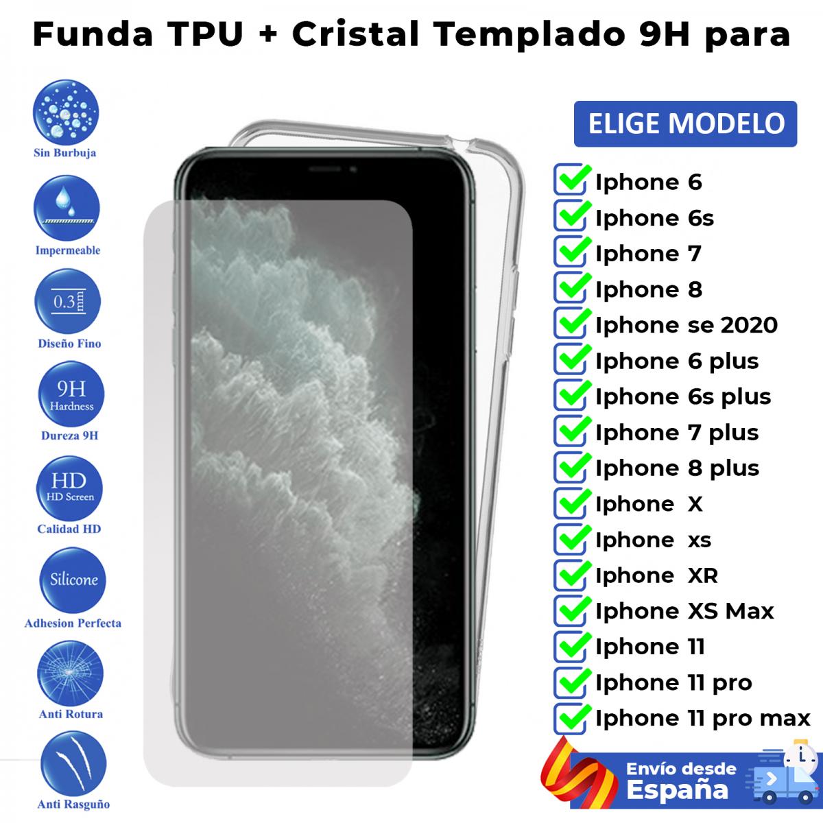 Funda y protector para Iphone 6 6S 7 SE 2020 8 XS XR 11 plus pro Cristal templado de pantalla y carcasa transparente movil