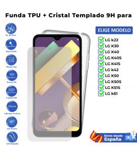 Funda y protector para LG K22 K30 K40 K40S K41S K42 K50 K50S K51S K61. Carcasa y cristal templado transparente para movil