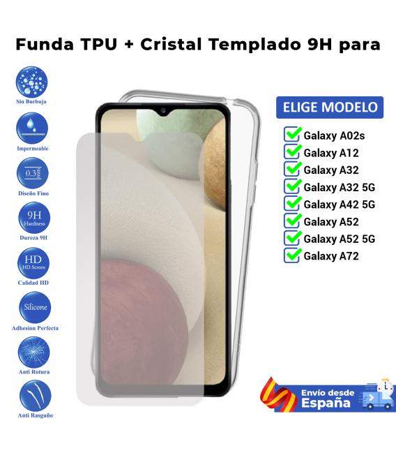 Funda y protector para Samsung Galaxy A02s A12 A32 A42 A52 A72 5G. Carcasa y cristal templado transparente para movil