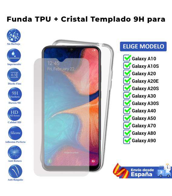 Funda y protector para Samsung Galaxy A10 A10S A20 A20E A20s A30 A30s A40 A50 A70 A80 A90. Carcasa y cristal templado para movil