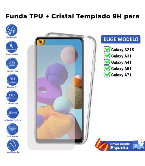 Funda y protector para Samsung Galaxy A21S A31 A41 A51 A71. Carcasa y cristal templado de pantalla transparente para móvil.