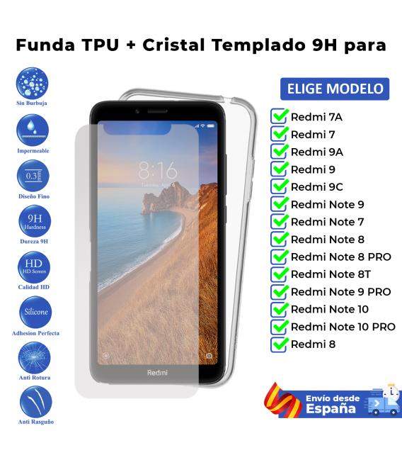 Funda y protector para Xiaomi Redmi Note 7 7A 8 8A 8T 9 9A 9C 9T 9S 10 pro. Cristal templado y protector para movil