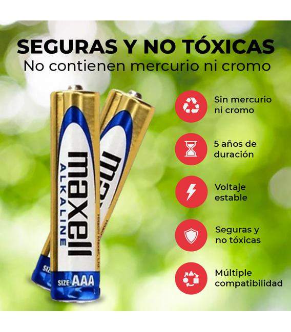 Pilas Maxell Alcalinas Tipo AAA LR03 BULK, 4 Unidades, Almacenamiento de 5 años baterías para multiples dispositivos
