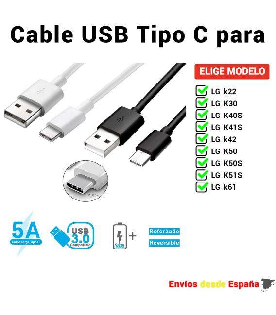 Cable USB Tipo C para LG k22 K30 K40 K40S K41S k42 K50 K50S K51S k61 de Carga rapida y Datos para móviles de 1 metro y 2 metros