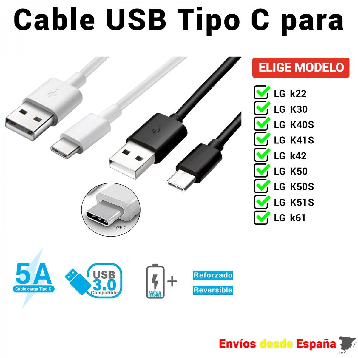 Aplicado evolución perderse Cable USB Tipo C para LG k22 K30 K40 K40S K41S k42 K50 K50S K51S k61 de  Carga rapida y Datos para móviles de 1 metro y 2 metros