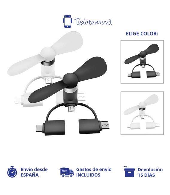 Mini Ventilador portátil 3 en 1 para Dispositivos iOS, Android y más (Conector iOS/USB Tipo C/Micro USB)