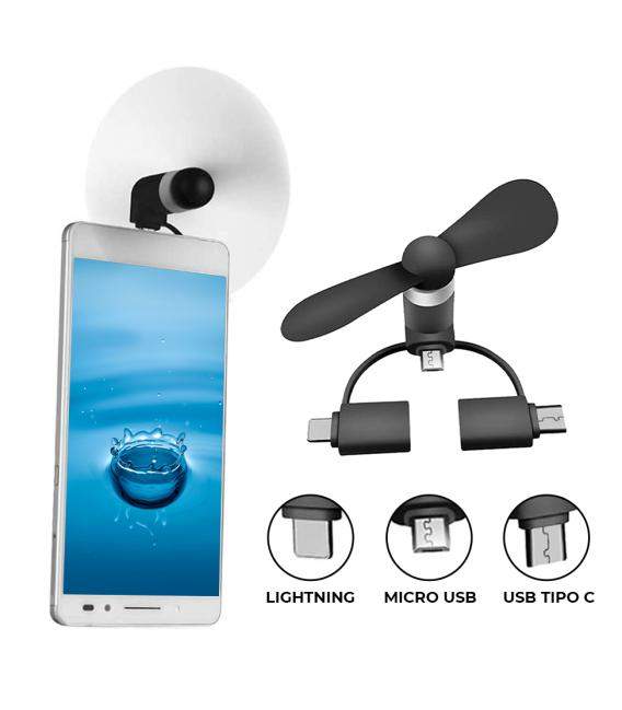 Mini Ventilador portátil 3 en 1 para Dispositivos iOS, Android y más (Conector iOS/USB Tipo C/Micro USB)