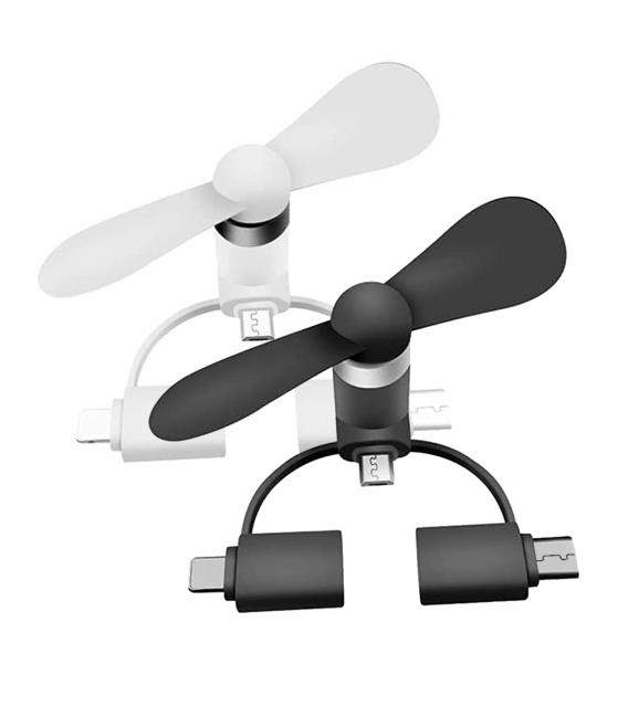Mini Ventilador portátil 3 en 1 para Dispositivos iOS, Android y más (Conector iOS/USB Tipo C/Micro USB)