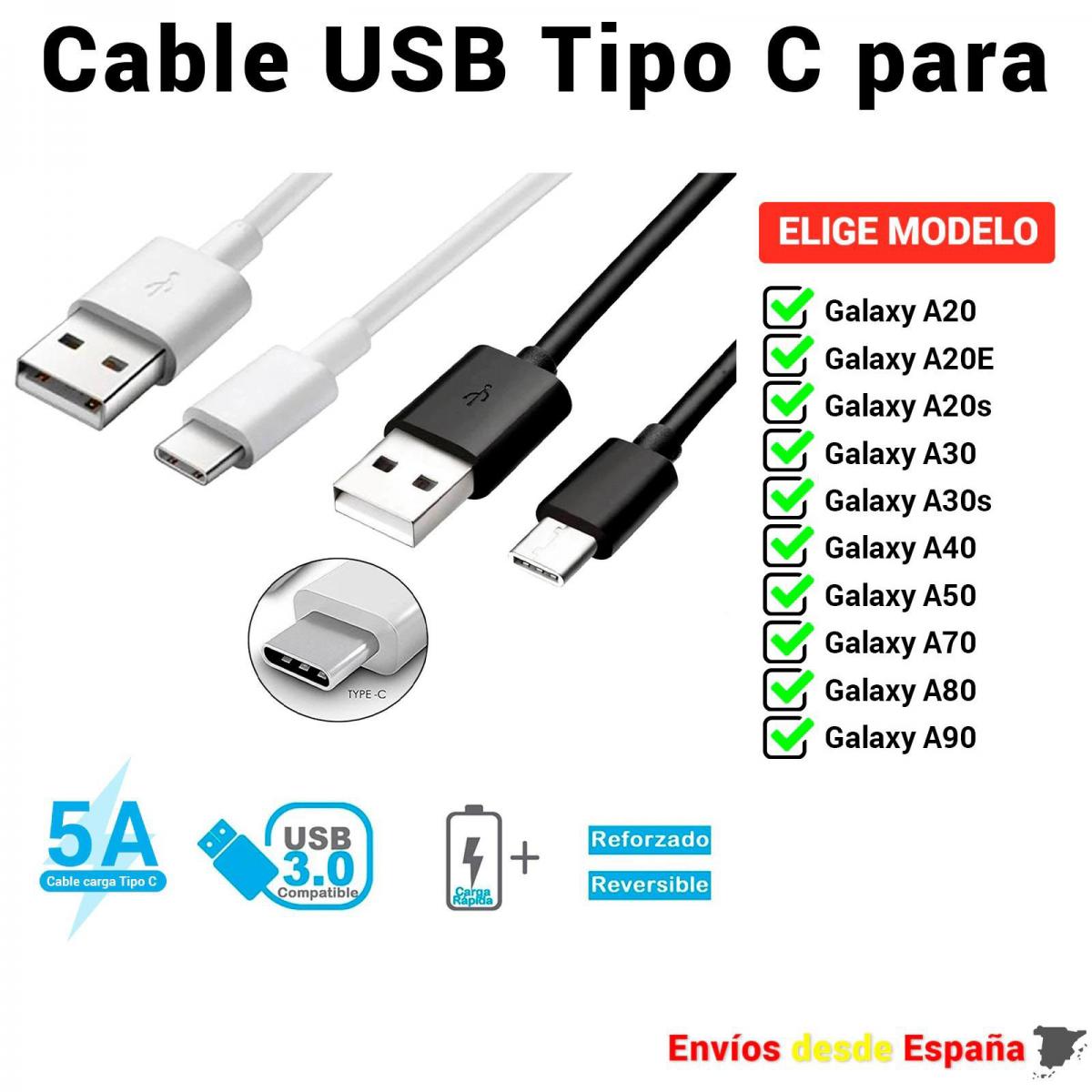 Mansión neutral letal Cable USB Tipo C para Samsung Galaxy A20 A20E A20s A30 A30s de Carga rapida  y Datos para móviles de 1 metro y 2 metros